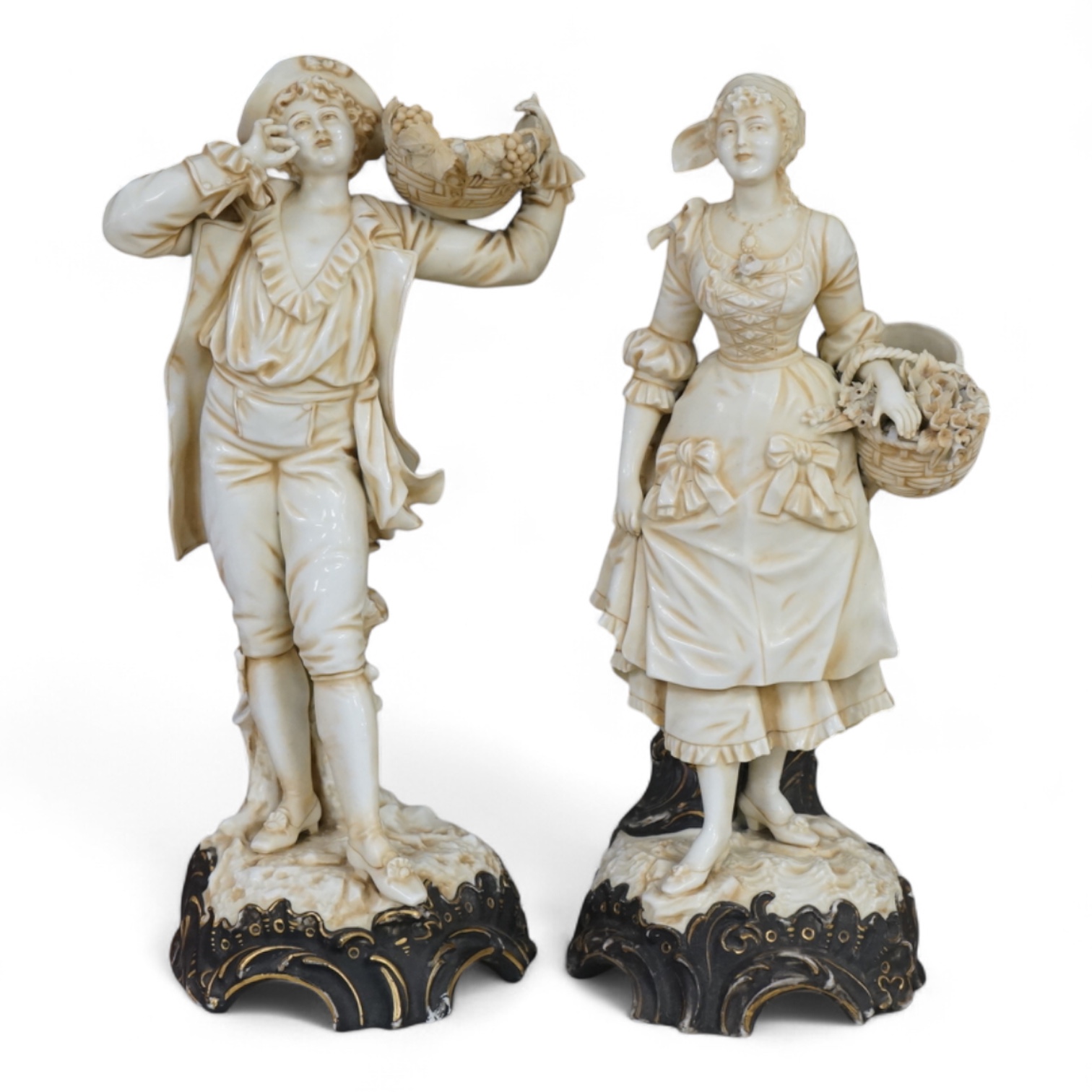A pair of continental porcelain figures, flower and grape gatherers, 31cm